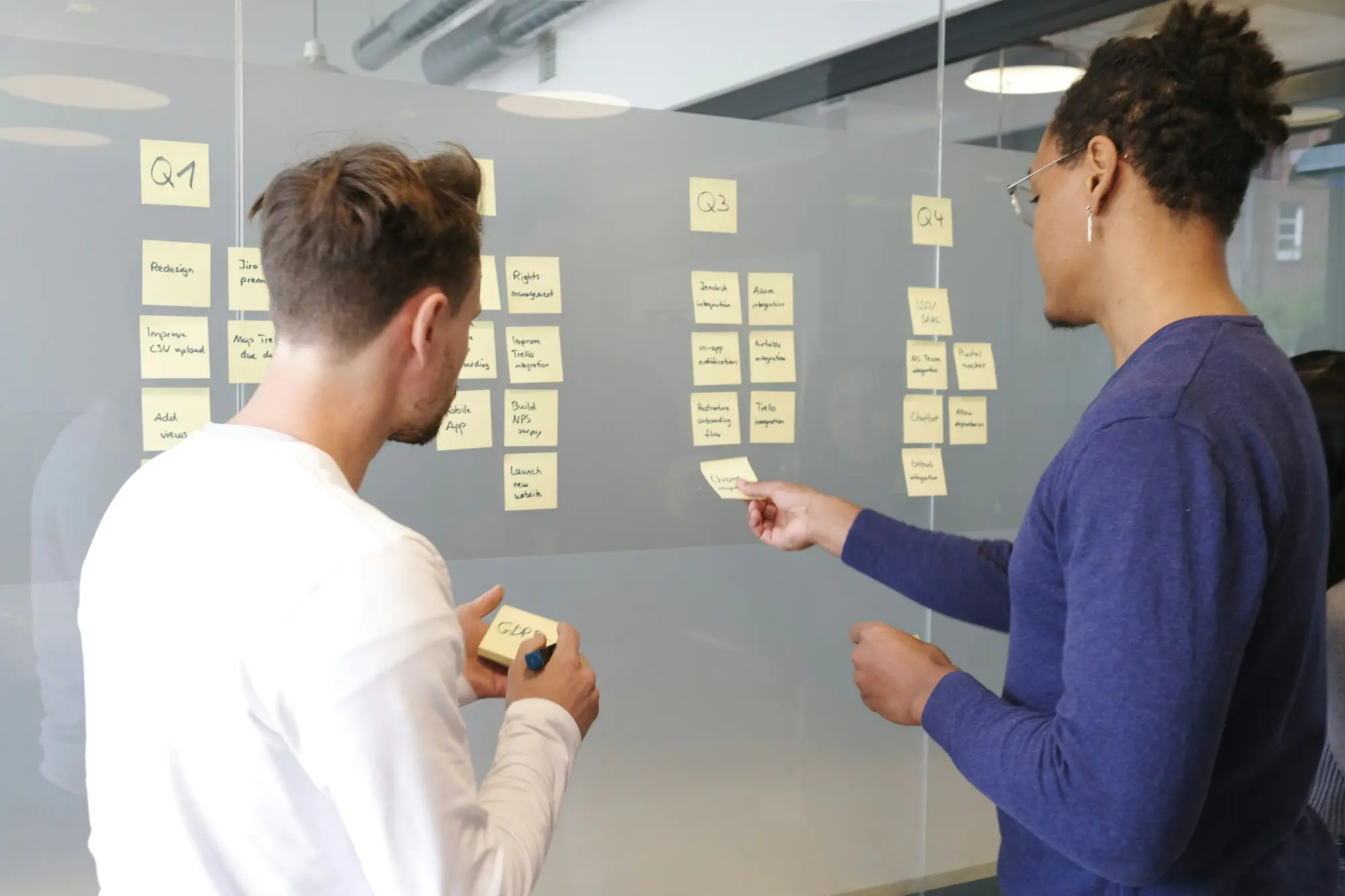 Two people planning a project on a whiteboard